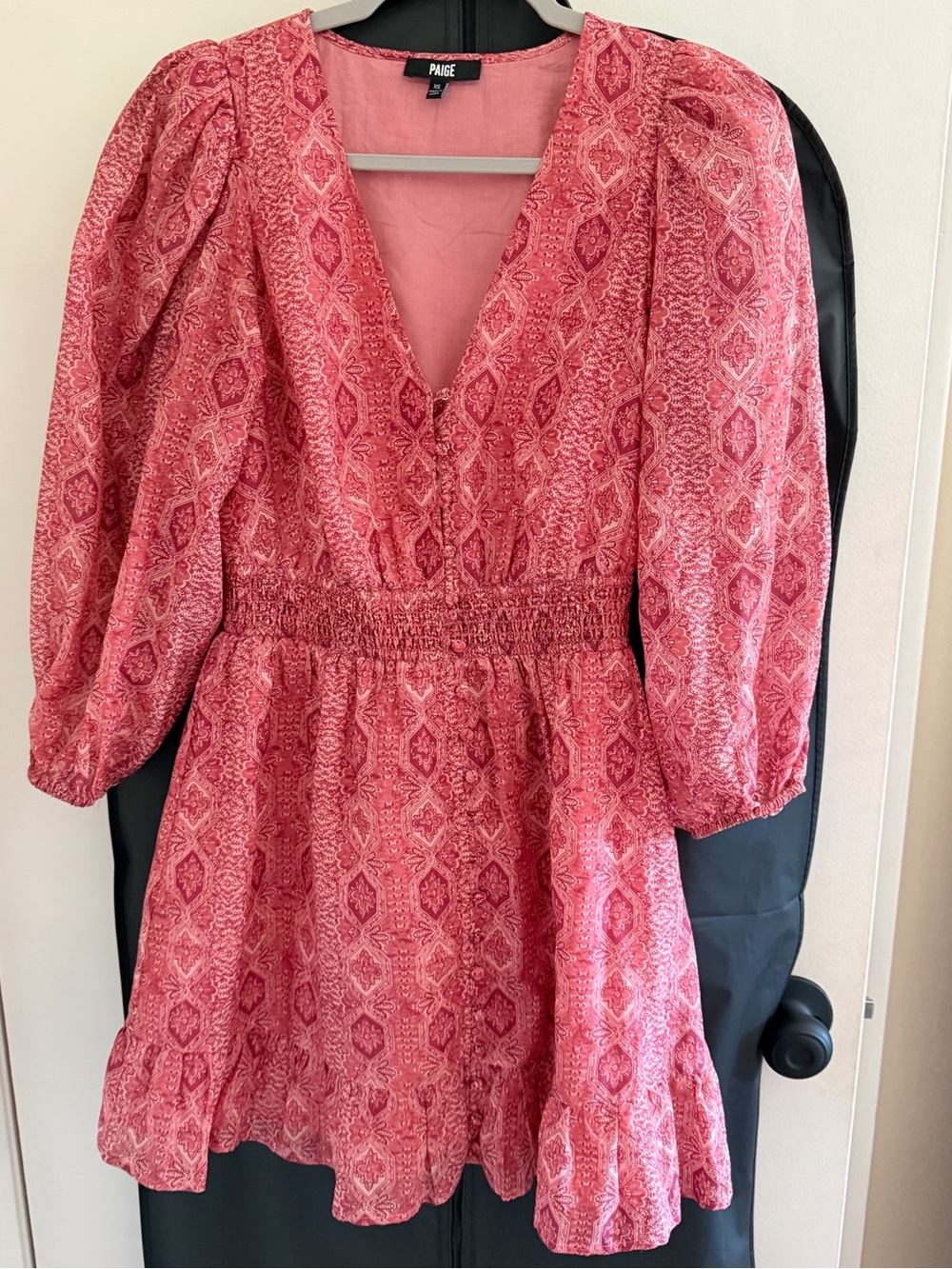 PAIGE Pink Patterned V-Neck Smocked Waist Dress